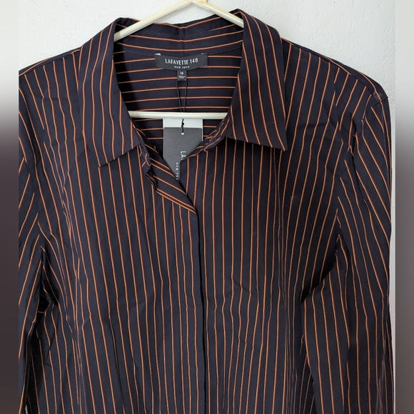 Lafayette 148 New York Button Front Dramatic Cuff Striped Shirt Size 14 New - Picture 2 of 10